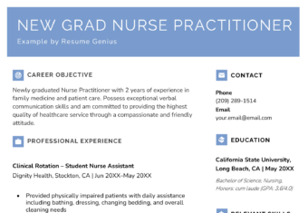 A new grad nurse practitioner resume sample with a blue header and resume icons emphasizing each resume section
