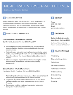 A new grad nurse practitioner resume sample with a blue header and resume icons emphasizing each resume section