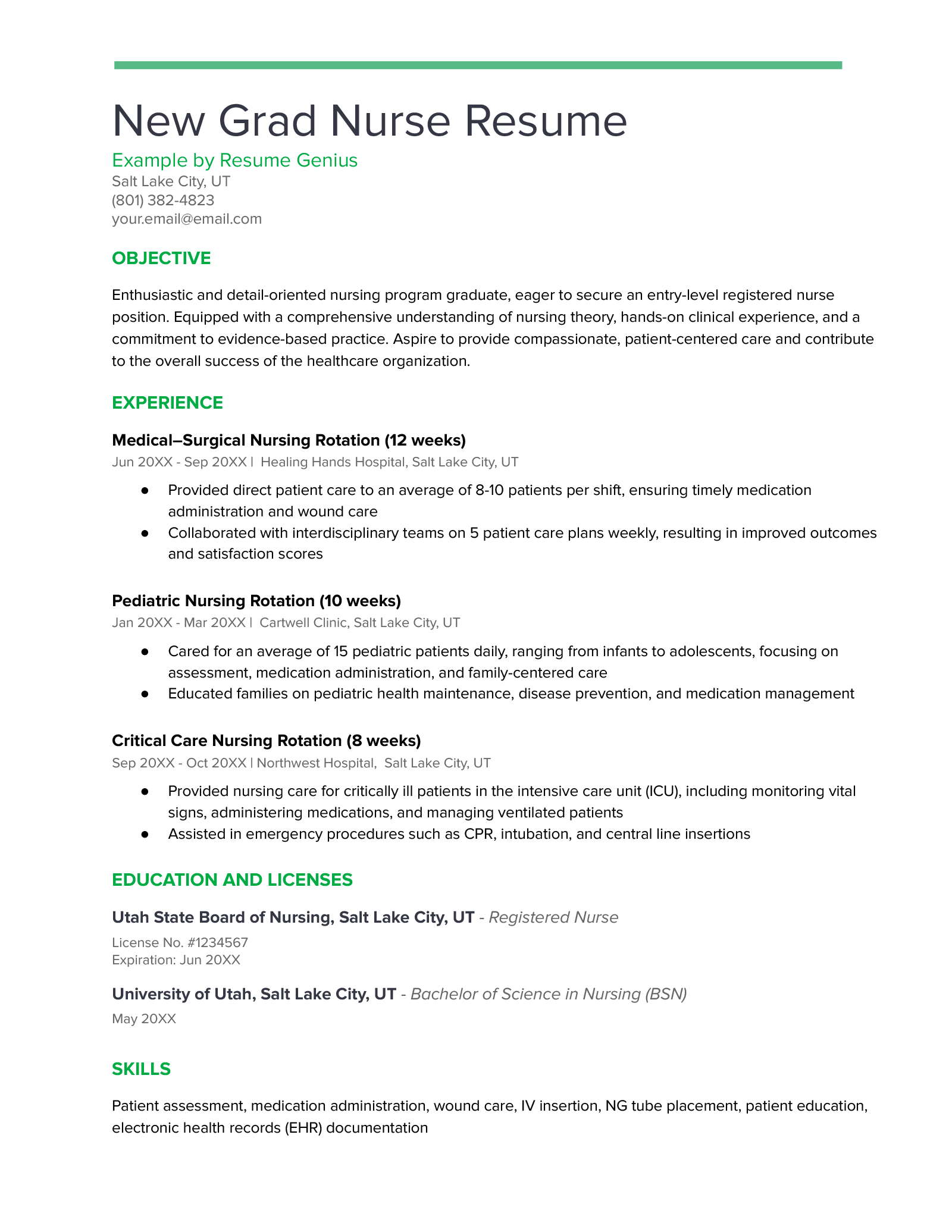 An example resume for a new grad nurse.