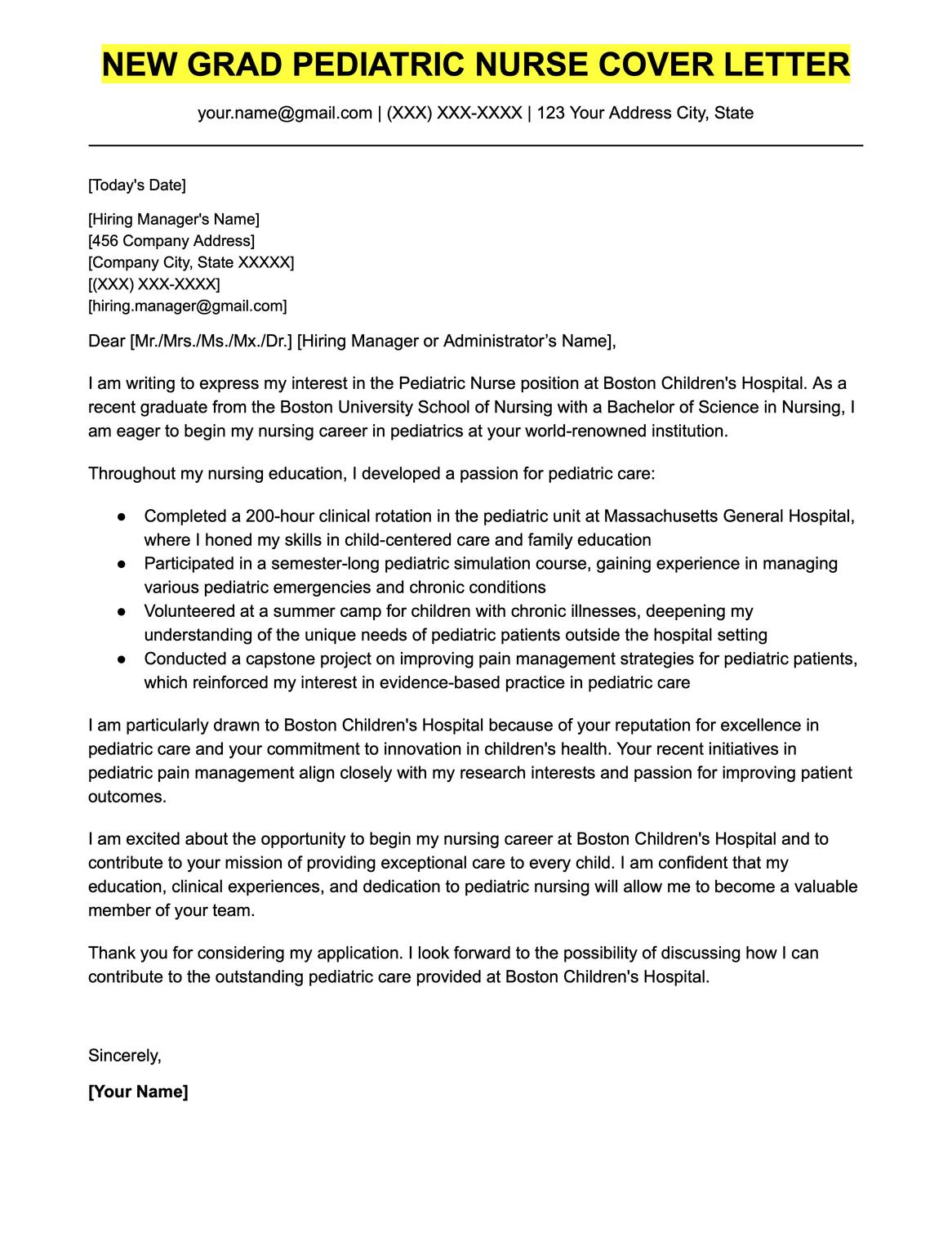 An example cover letter for a new grad nurse applying for a pediatric nursing position.