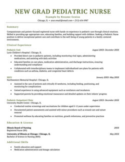 A new grad RN resume for a pediatric position