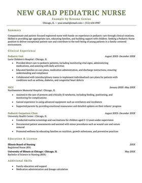 A new grad RN resume for a pediatric position