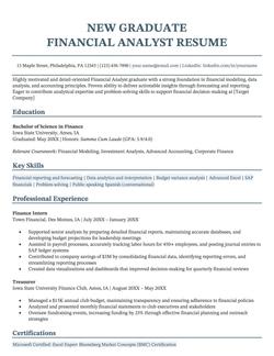 A resume example for a new grad financial analyst.