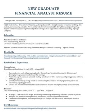 A resume example for a new grad financial analyst.