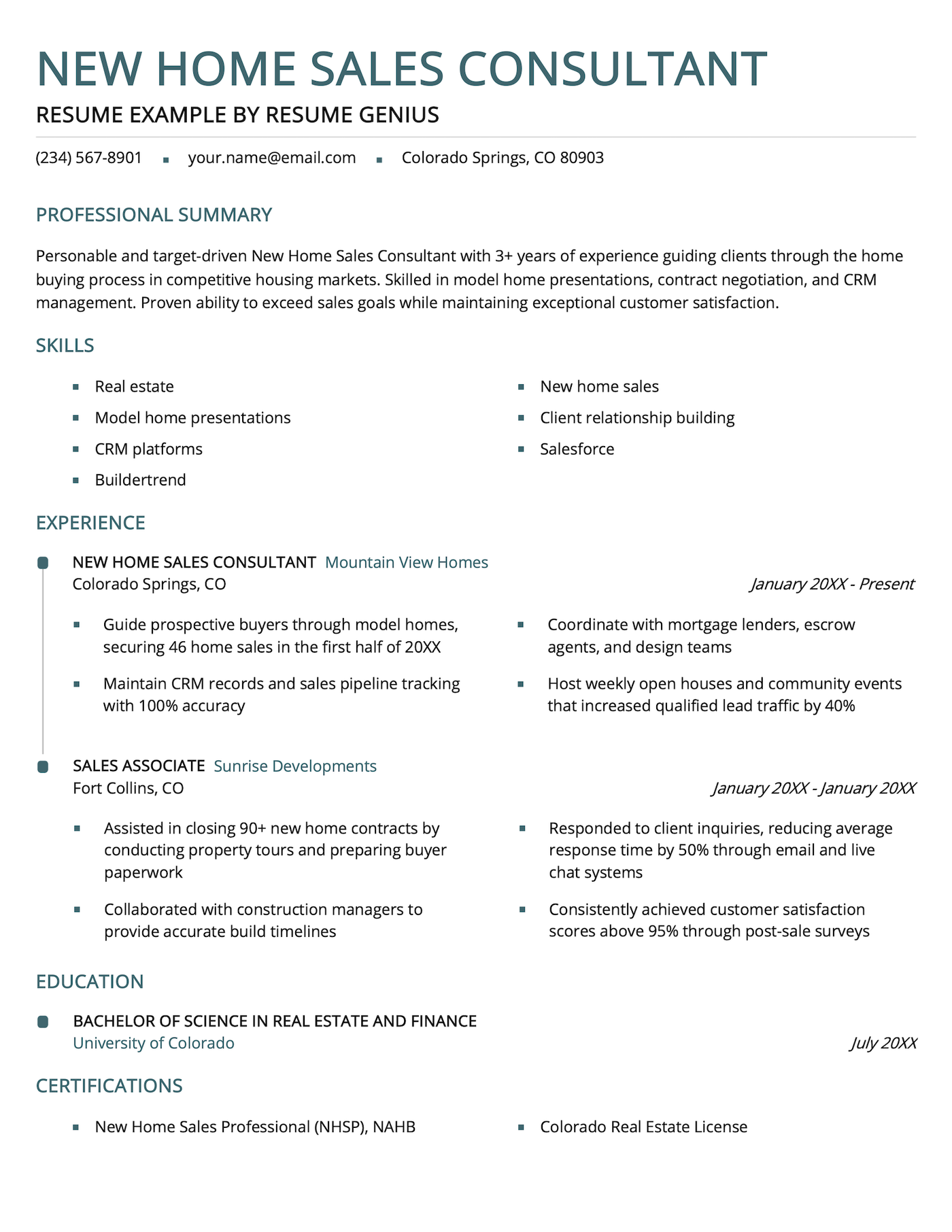 A new home sales consultant resume example.
