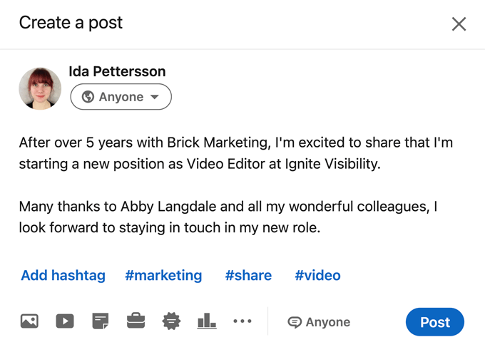 An example showing how to make a new job announcement on LinkedIn