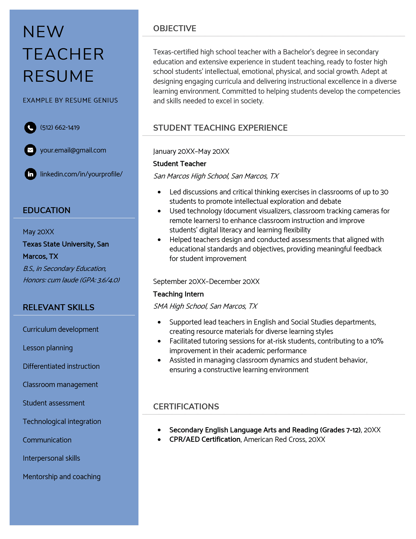 A new teacher resume example with a vertical blue sidebar on the left.