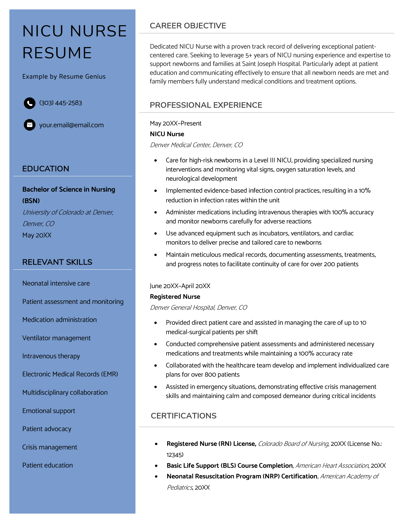 NICU nurse resume example that features a blue sidebar containing the candidate's name, contact information, education, and skills. The resume summary, work experience, and certifications are featured on the right.