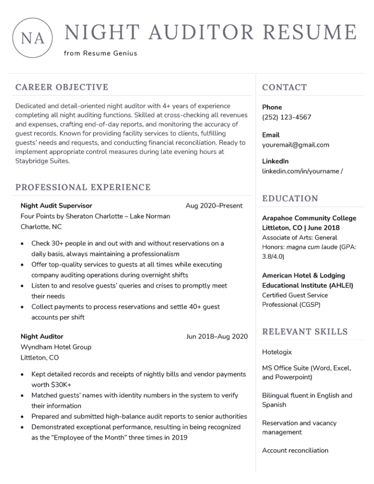 night auditor job description for resume