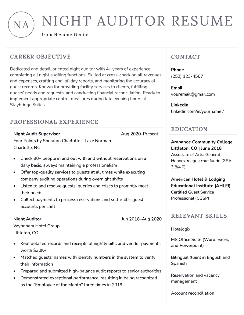 A violet-accented night auditor resume with career objective and professional experience sections in the left column and contact information, education, and additional skills sections in the right column