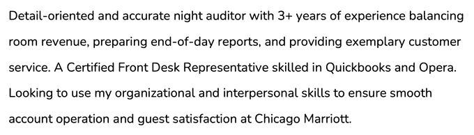 An example of a night auditor resume summary that lists their hard skills, certifications, and name of the target hotel