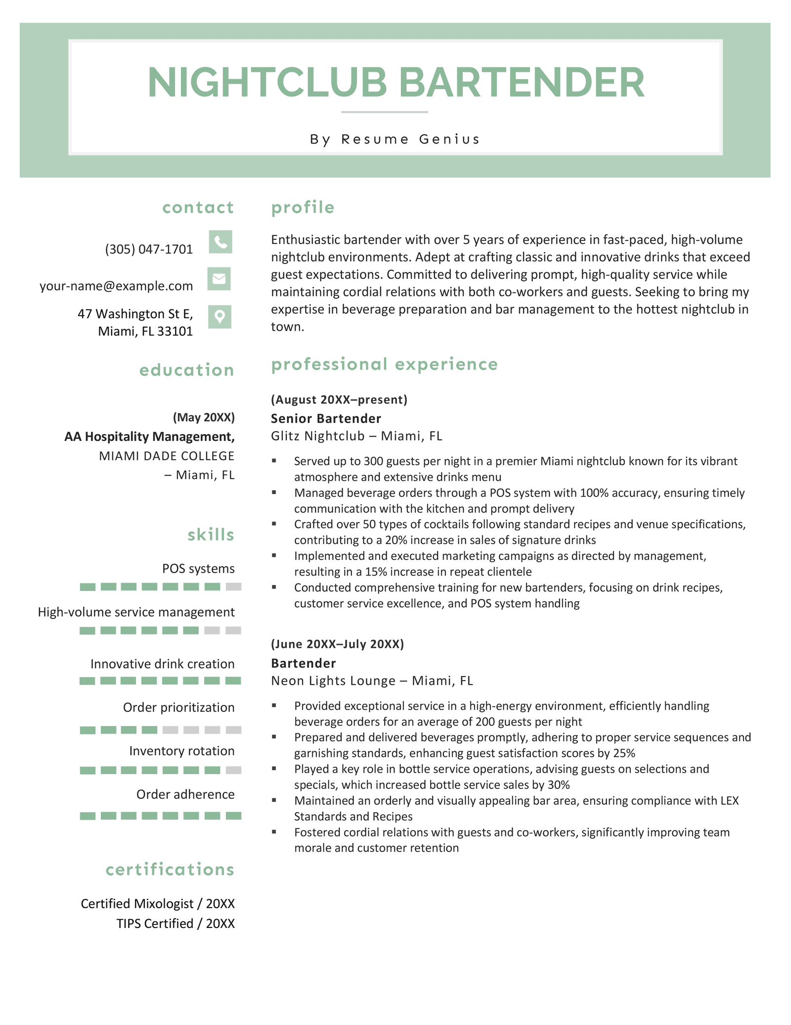 A nightclub bartender resume example with a green color scheme that outlines two previous job experiences and uses skill bars to describes the skills of the applicants.