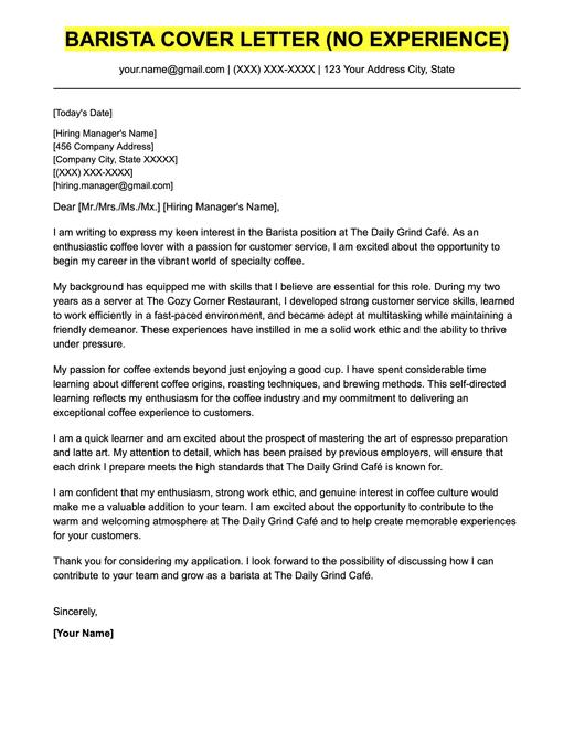 An example cover letter for a barista position by a candidate with no experience.