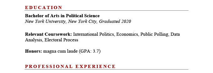 An example of an education section on a resume with no experience