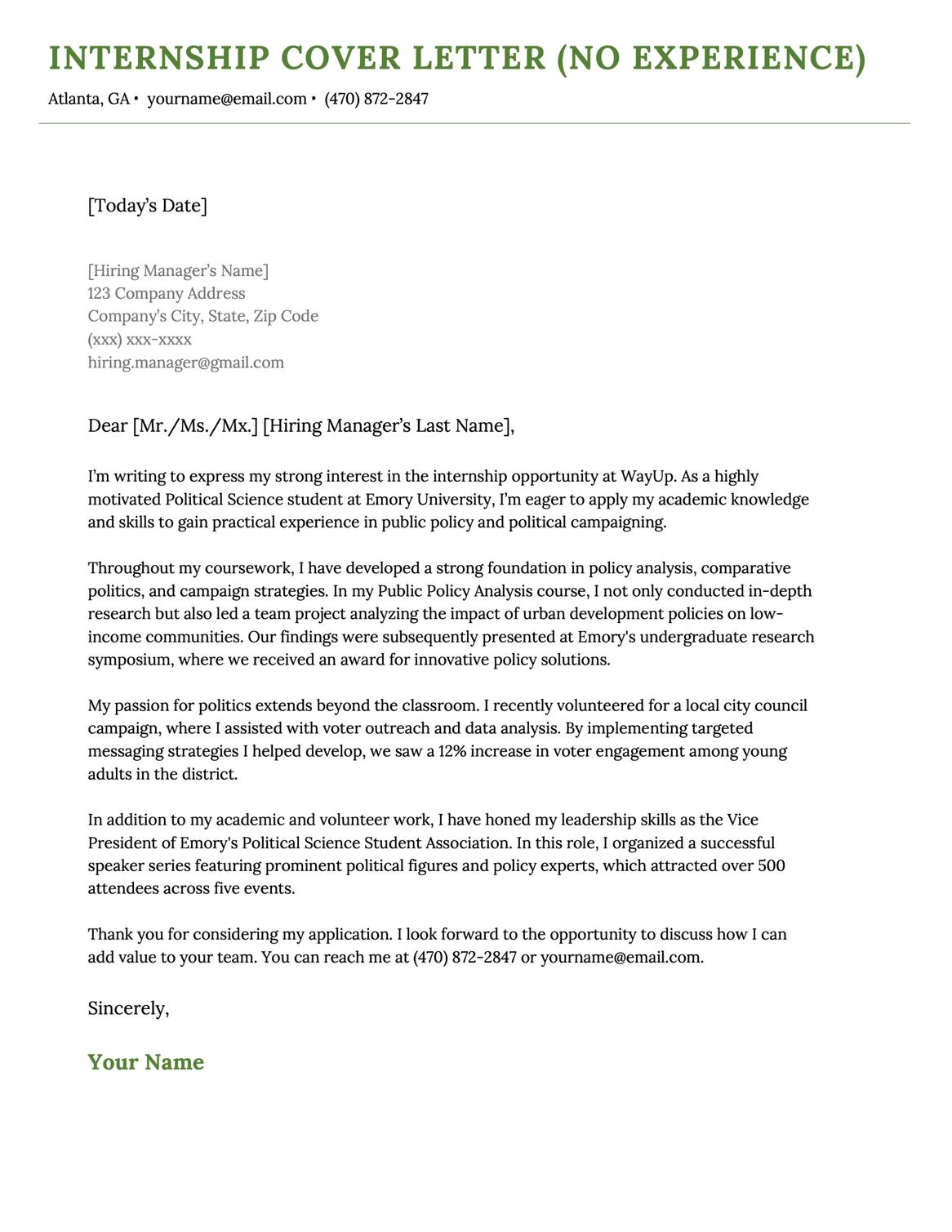 An internship cover letter with a green header.
