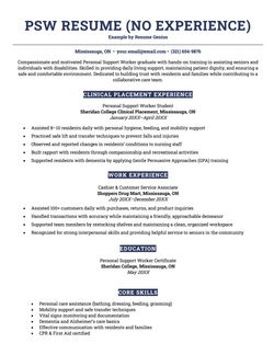 An example personal support worker (PSW) resume for a candidate with no experience.