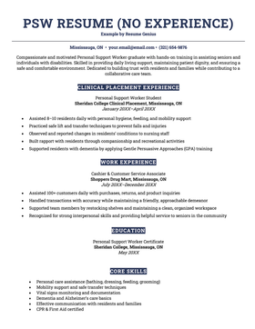 An example personal support worker (PSW) resume for a candidate with no experience.