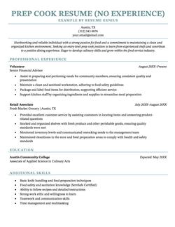 An entry-level prep cook resume example.