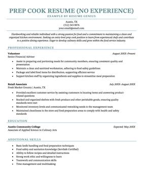 An entry-level prep cook resume example.