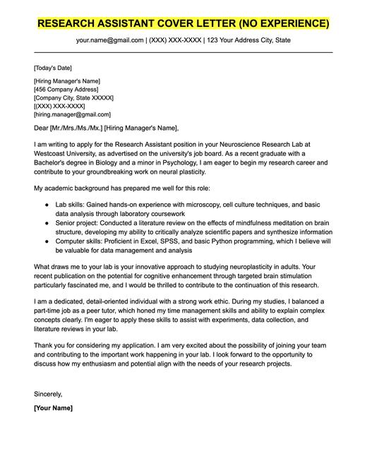 An example cover letter for a research assistant position by an applicant with no experience.