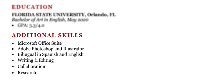 An example of how an entry-level candidate listed skills on their resume