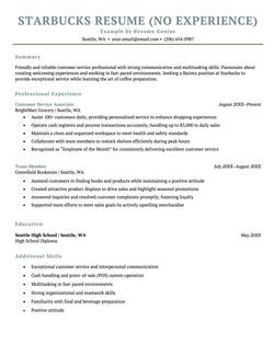 A resume example for a Starbucks applicant with no previous Starbucks experience.