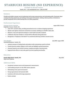 A resume example for a Starbucks applicant with no previous Starbucks experience.