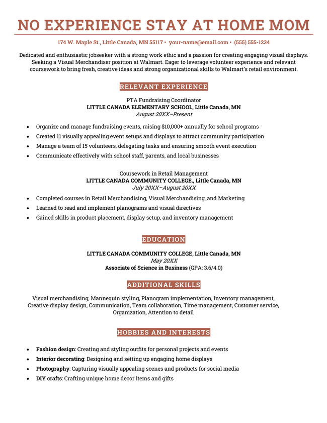 A resume example for a stay-at-home parent with no formal work experience.