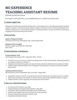 A resume example for a teaching assistant candidate with no experience.