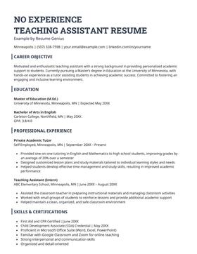A resume example for a teaching assistant candidate with no experience.