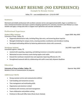 A no experience Walmart resume example template.