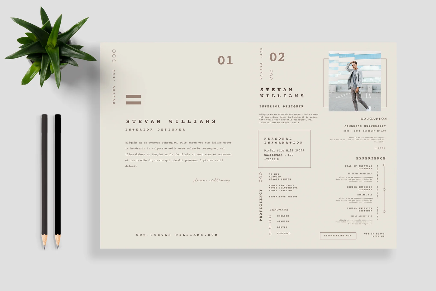 A visual resume template with a non-traditional layout.