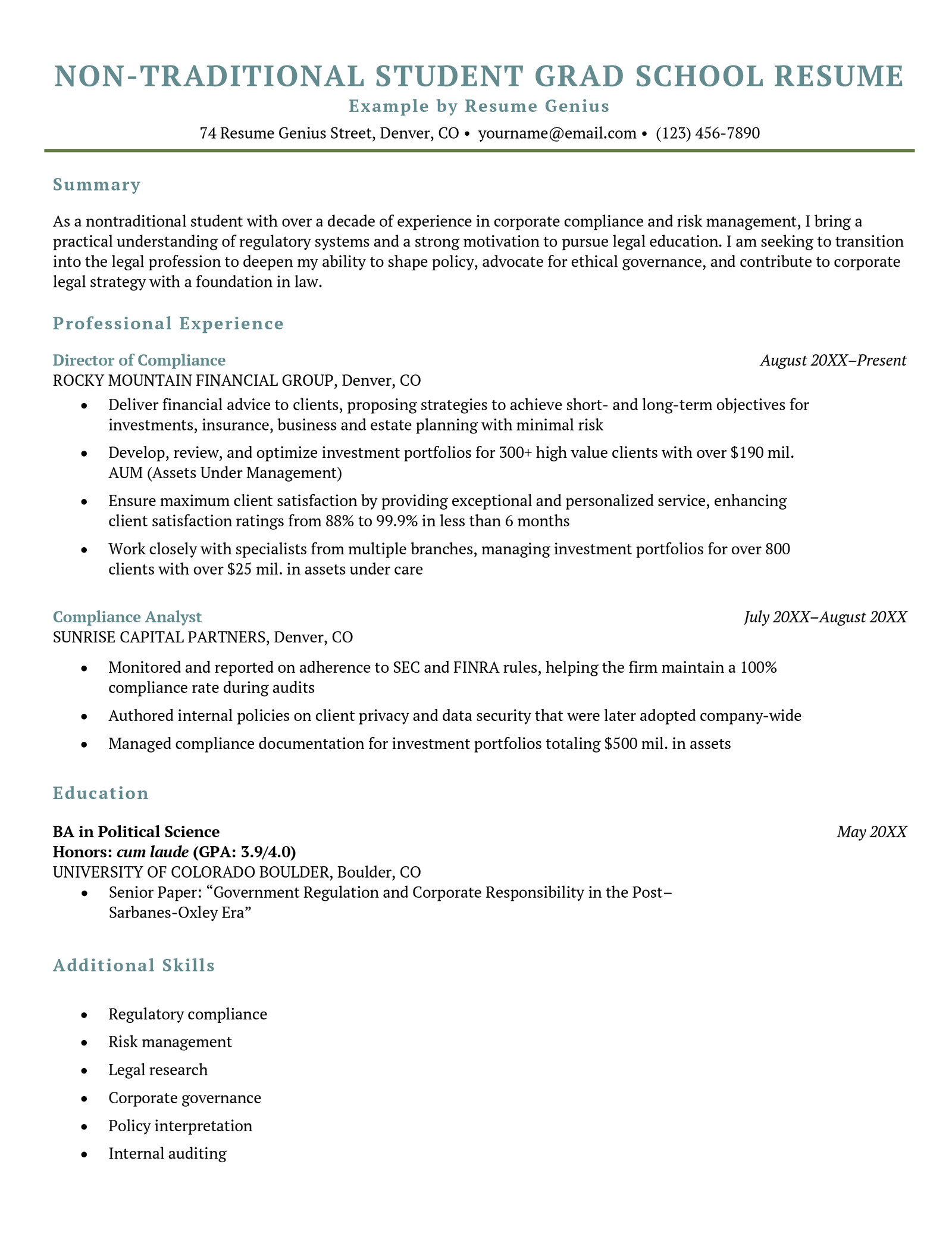 A non-traditional student grad school resume example.