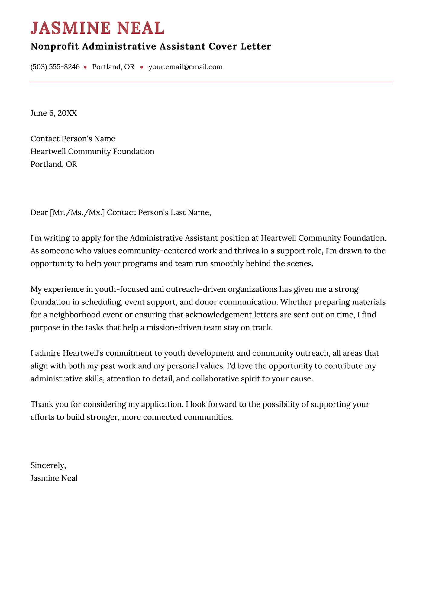 A cover letter example for a nonprofit administrative assistant.