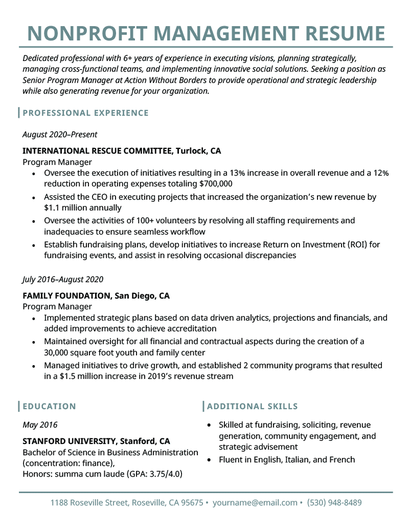 An example of a resume for a nonprofit managerial role on a template with light blue font used to separate each of the resume headers