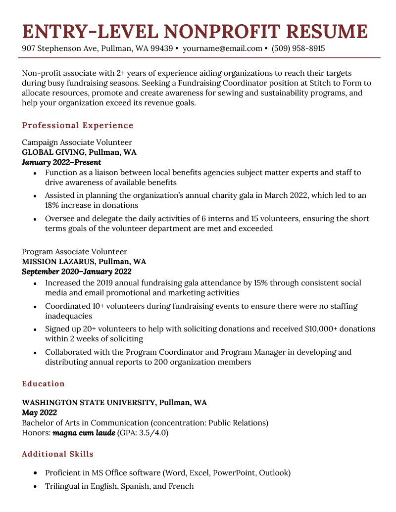 A resume for a nonprofit role example on a template with brick red headers to separate each resume section