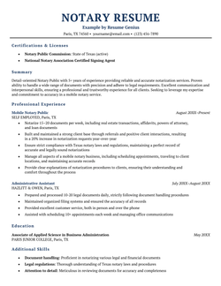 A notary public resume sample.