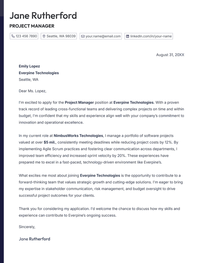 The Nova cover letter template in black.