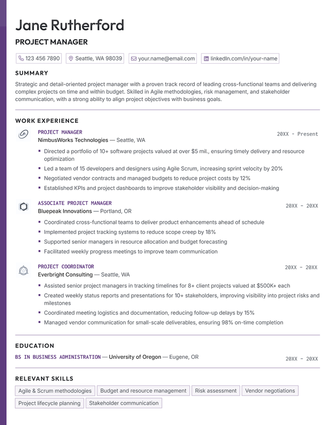 The Nova resume template in purple.