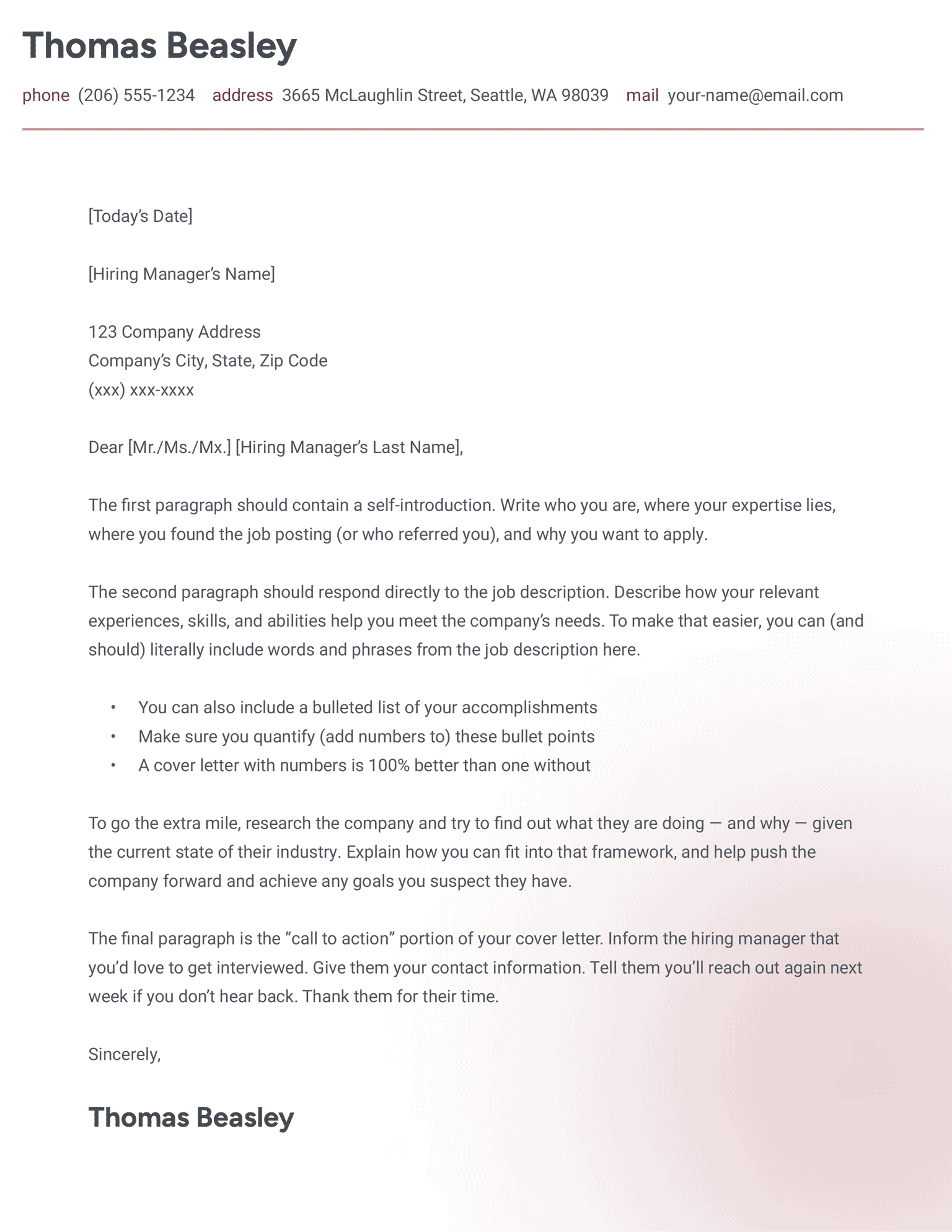 The Novice cover letter template in brown