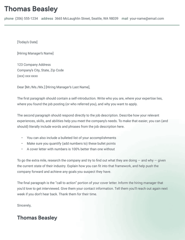 The Novice cover letter template in green