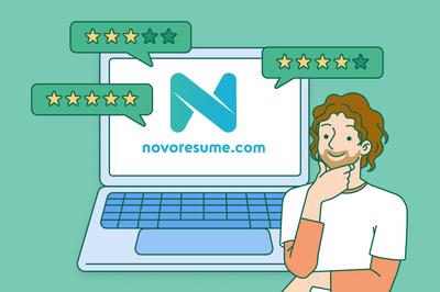 A person looking at Novoresume reviews on a laptop.
