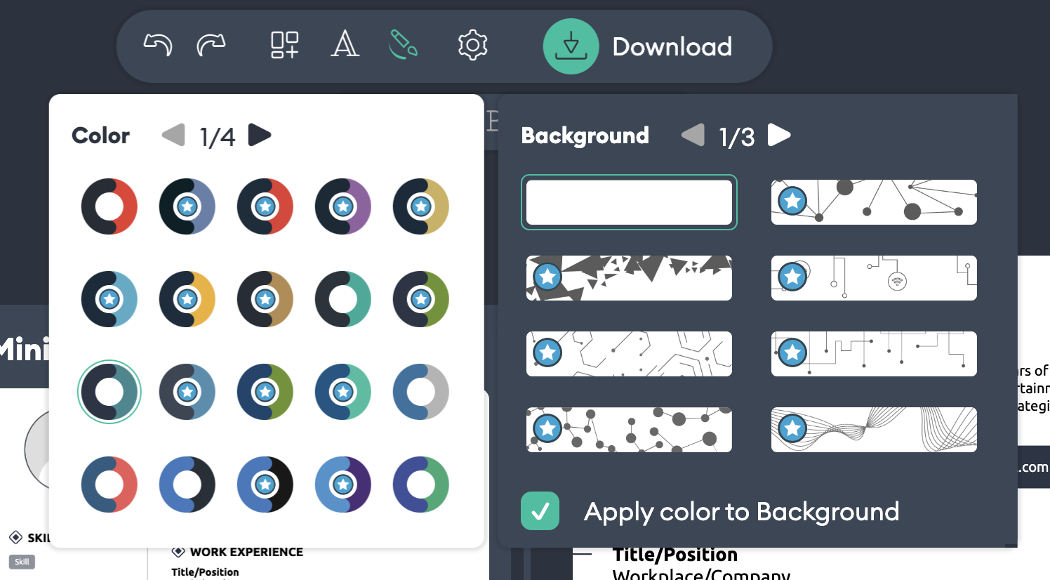 Example of the design features in the builder for the Novorésumé review.