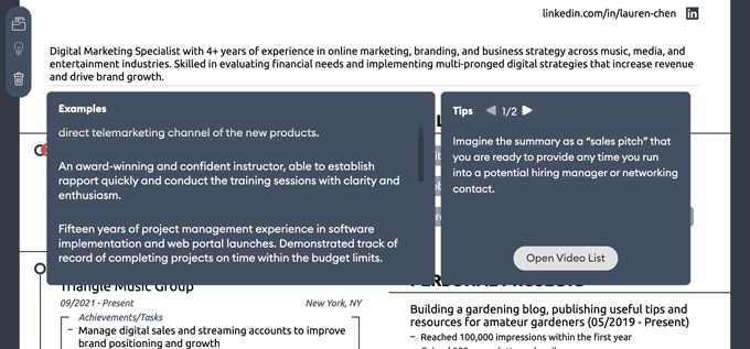 Image of the tips section of the builder for the Novorésumé review.
