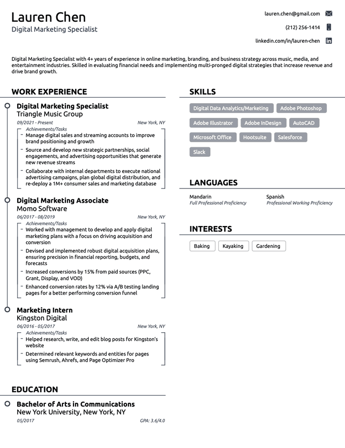 Example of white space on the finished resume for Novorésumé reviews.