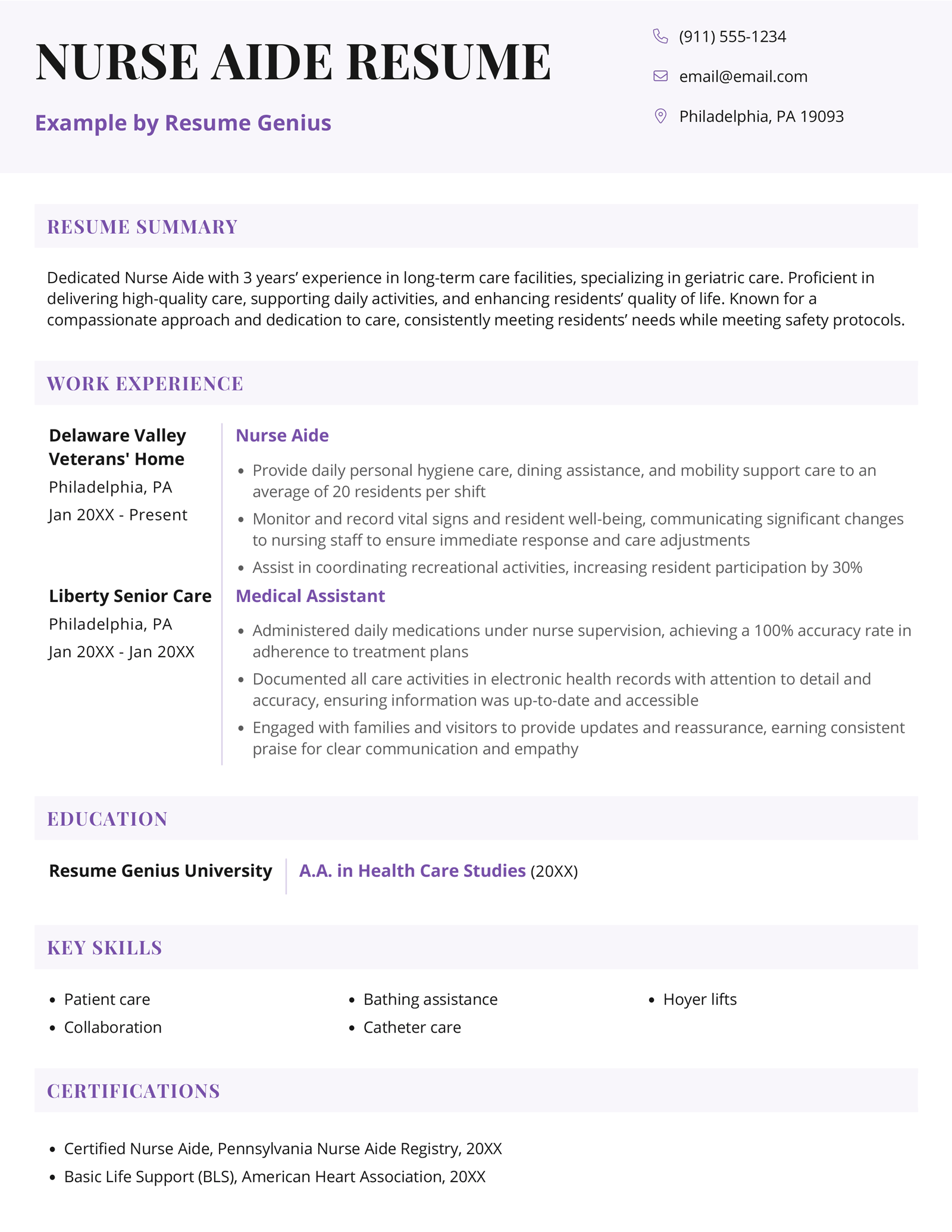 A nurse aide resume example.