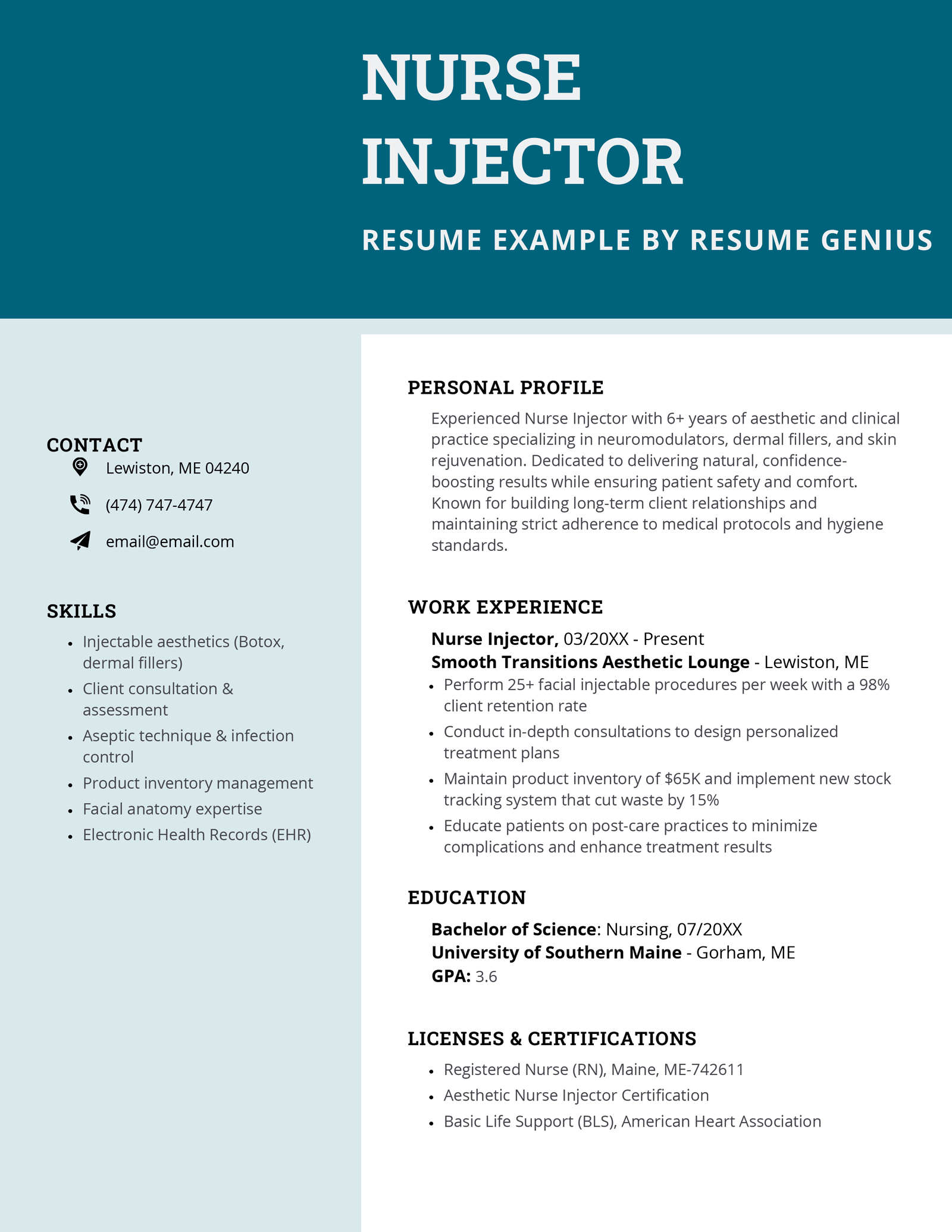 A nurse injector resume example.