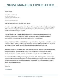 A nurse manager cover letter using a blue template.