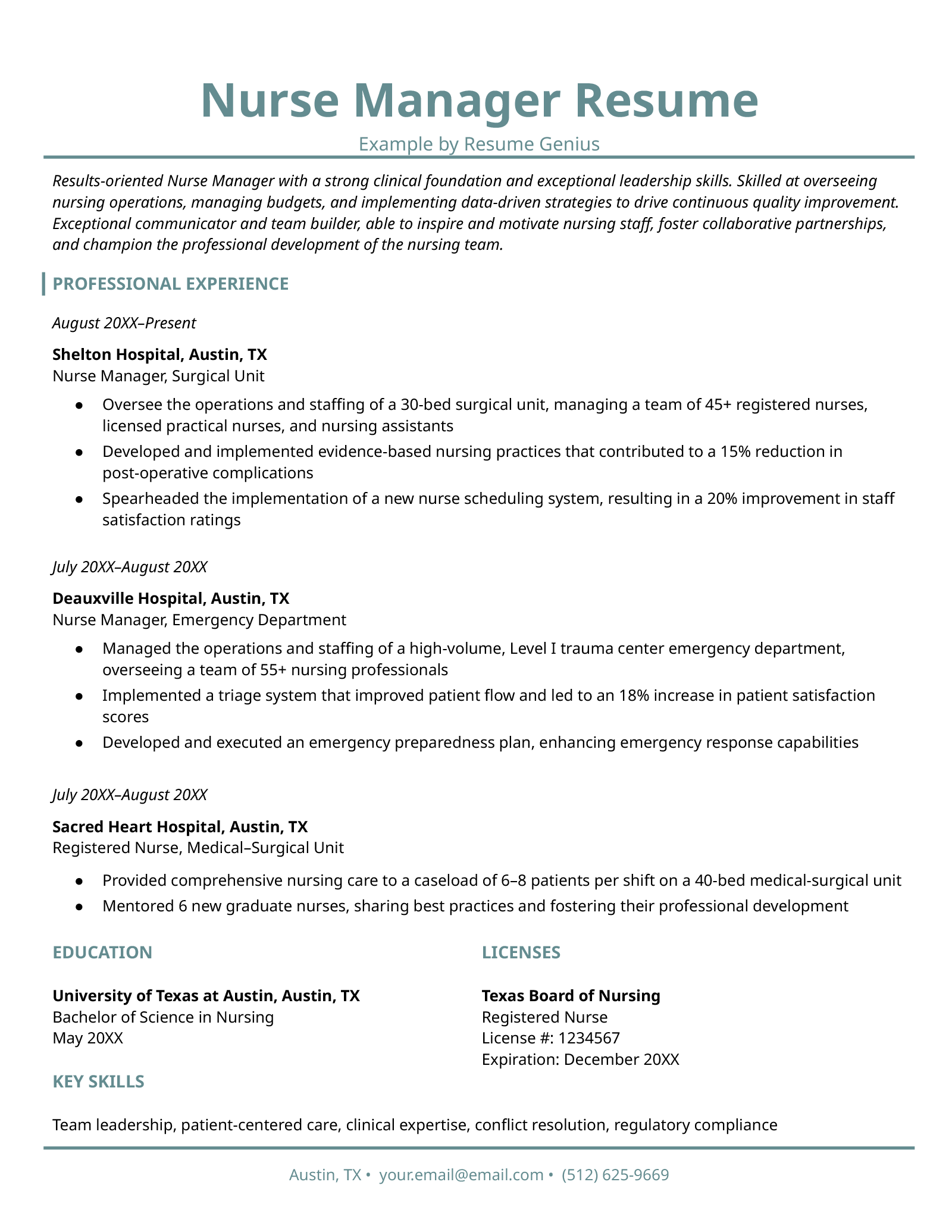 An example resume for a nurse manager.