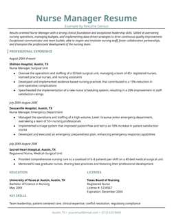 An example resume for a nurse manager.